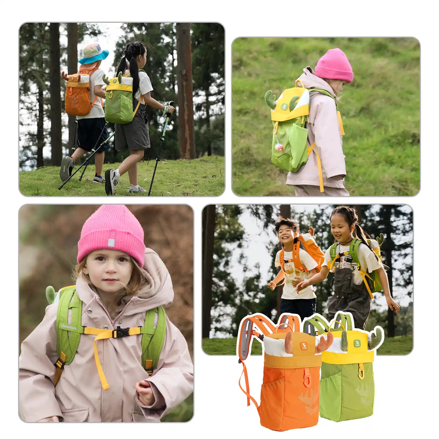 kinder tragen orangene und grüne wanderrucksäcke im wald und auf wiese