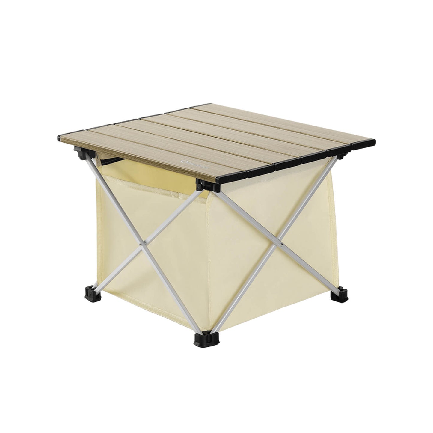 klappbarer camping tisch mit integrierter aufbewahrung in beige