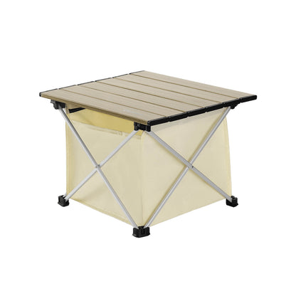 klappbarer camping tisch mit integrierter aufbewahrung in beige