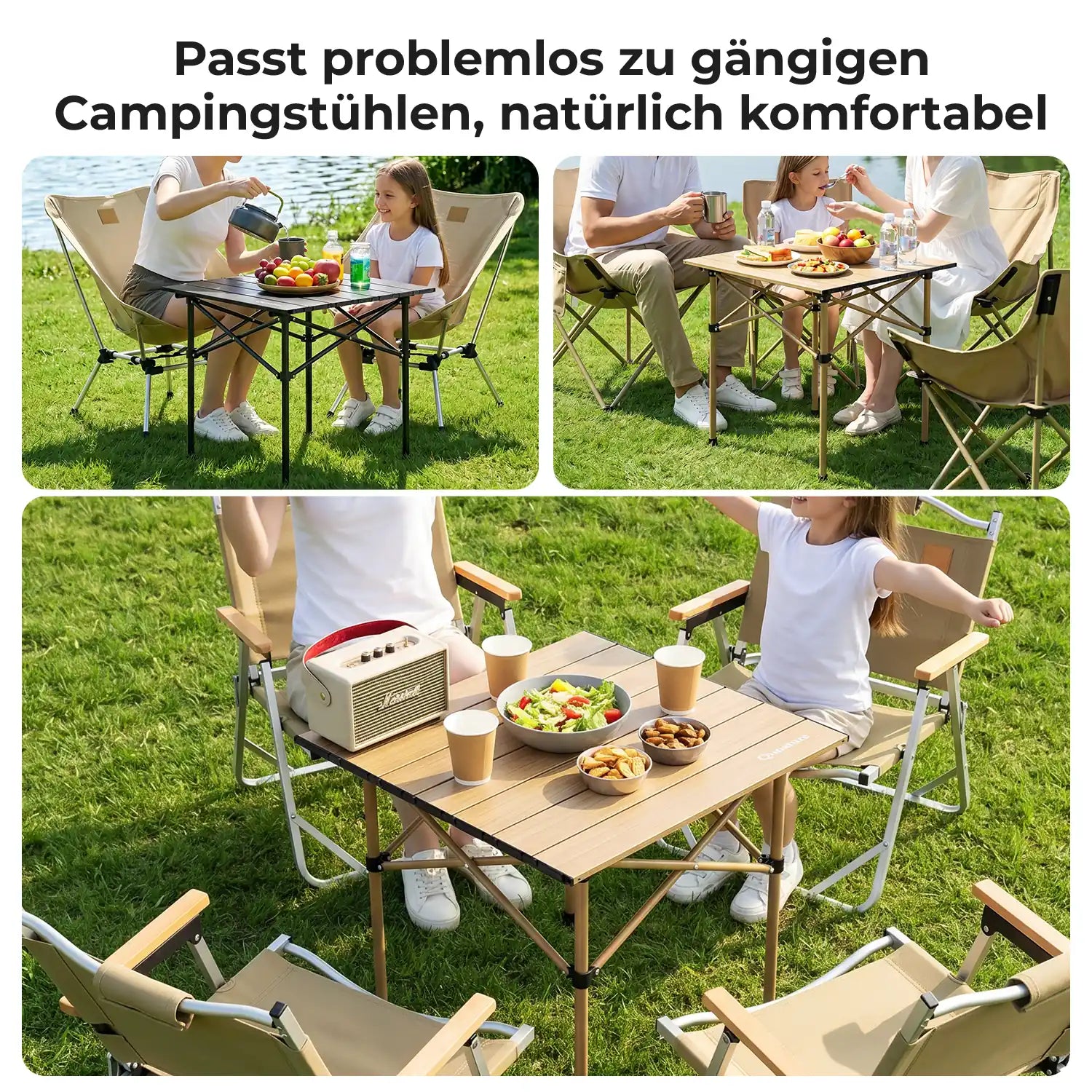 klappbarer campingtisch im einsatz zusammen mit campingstühlen