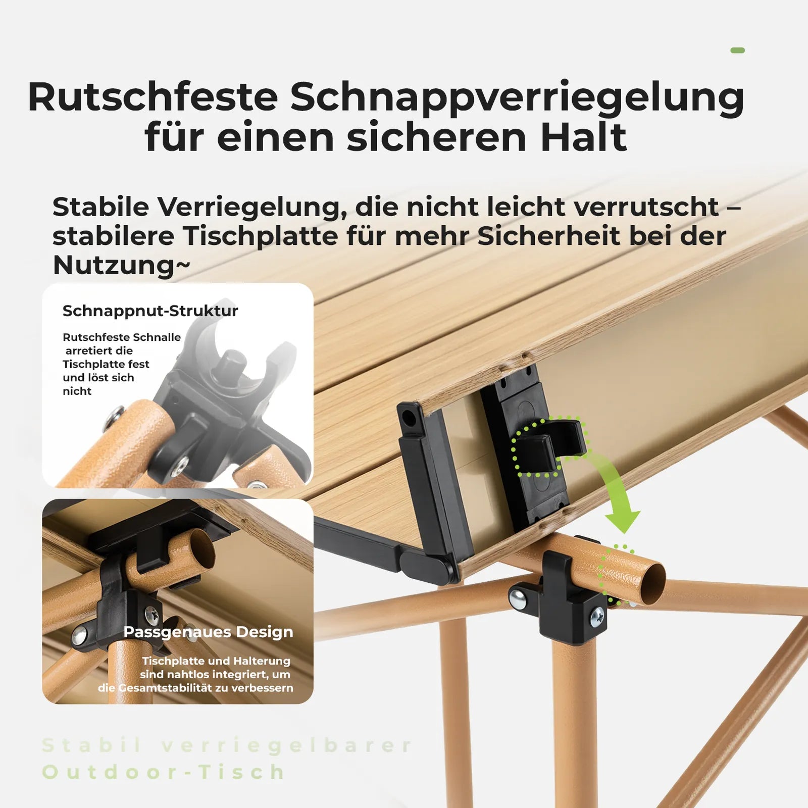 nahaufnahme der rutschfesten verriegelung am klapptisch