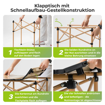 vier-schritte anleitung für den schnellen aufbau des klapptisches
