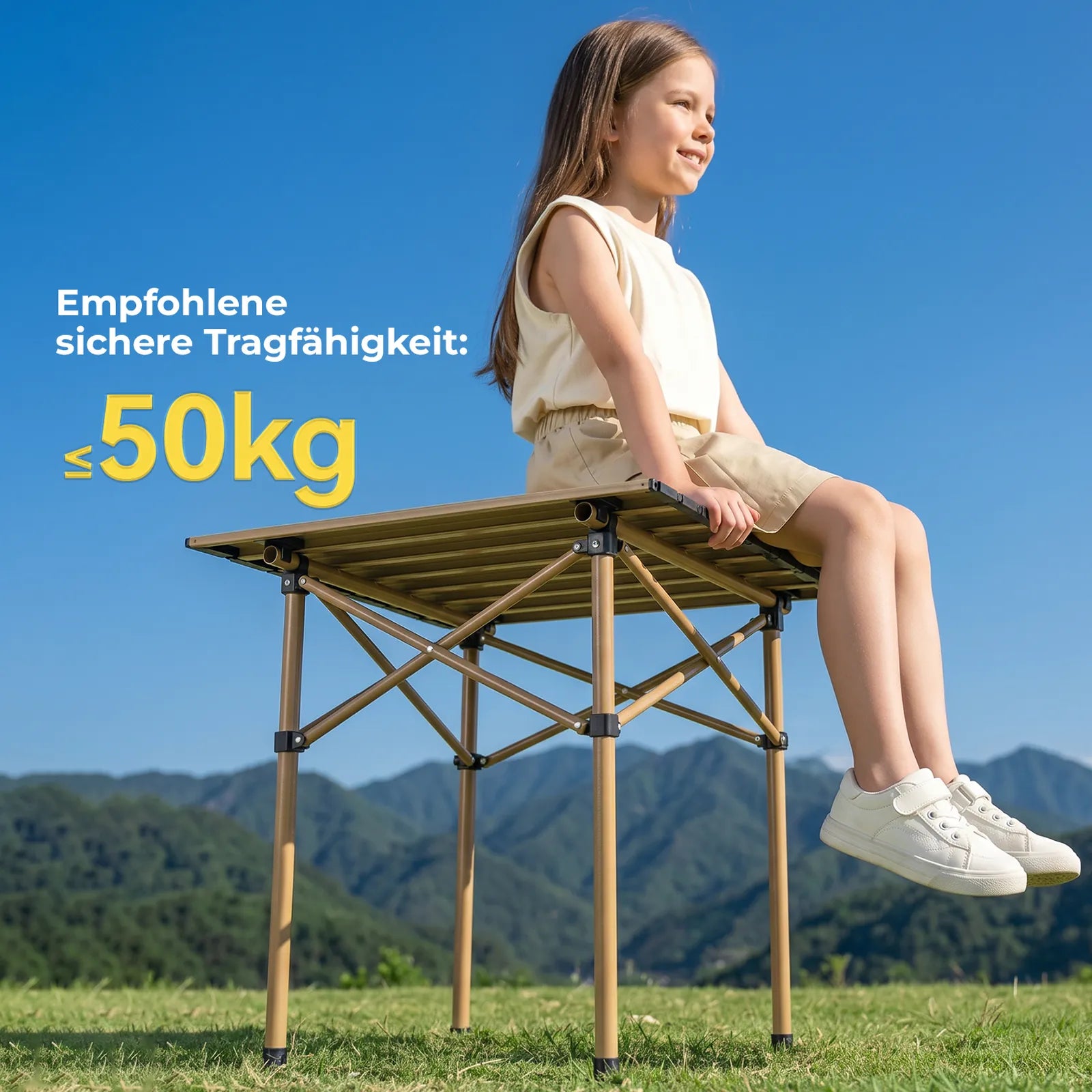 person sitzt auf dem tisch zur demonstration der tragfähigkeit bis 50 kg