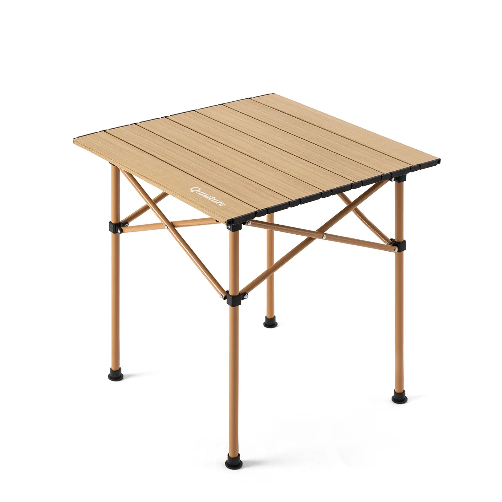 brauner klappbarer campingtisch mit holzoptik vor weißem hintergrund