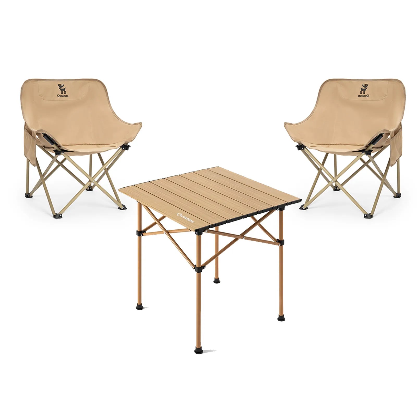 beiges camping klappmöbel-set mit tisch und zwei stühlen