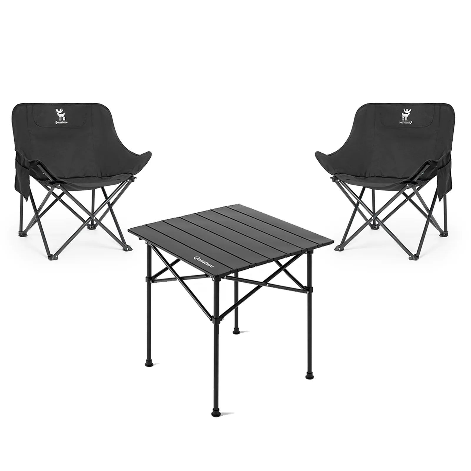 schwarzes camping klappmöbel-set mit tisch und zwei stühlen