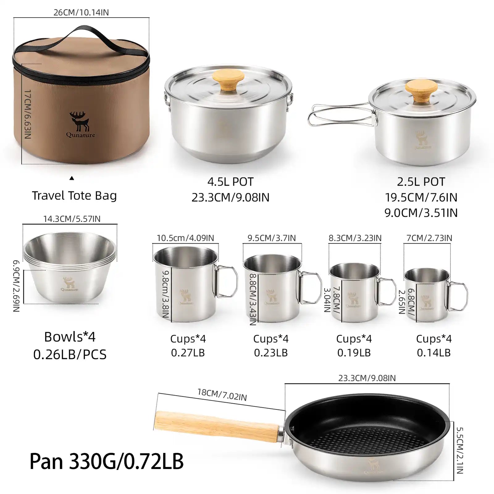 detaillierte groessen und gewichte des 11 teiligen camping kochgeschirrs sets