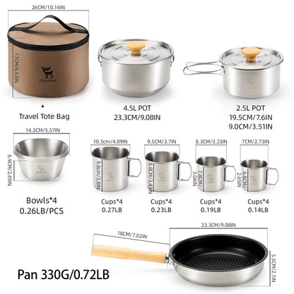 detaillierte groessen und gewichte des 11 teiligen camping kochgeschirrs sets