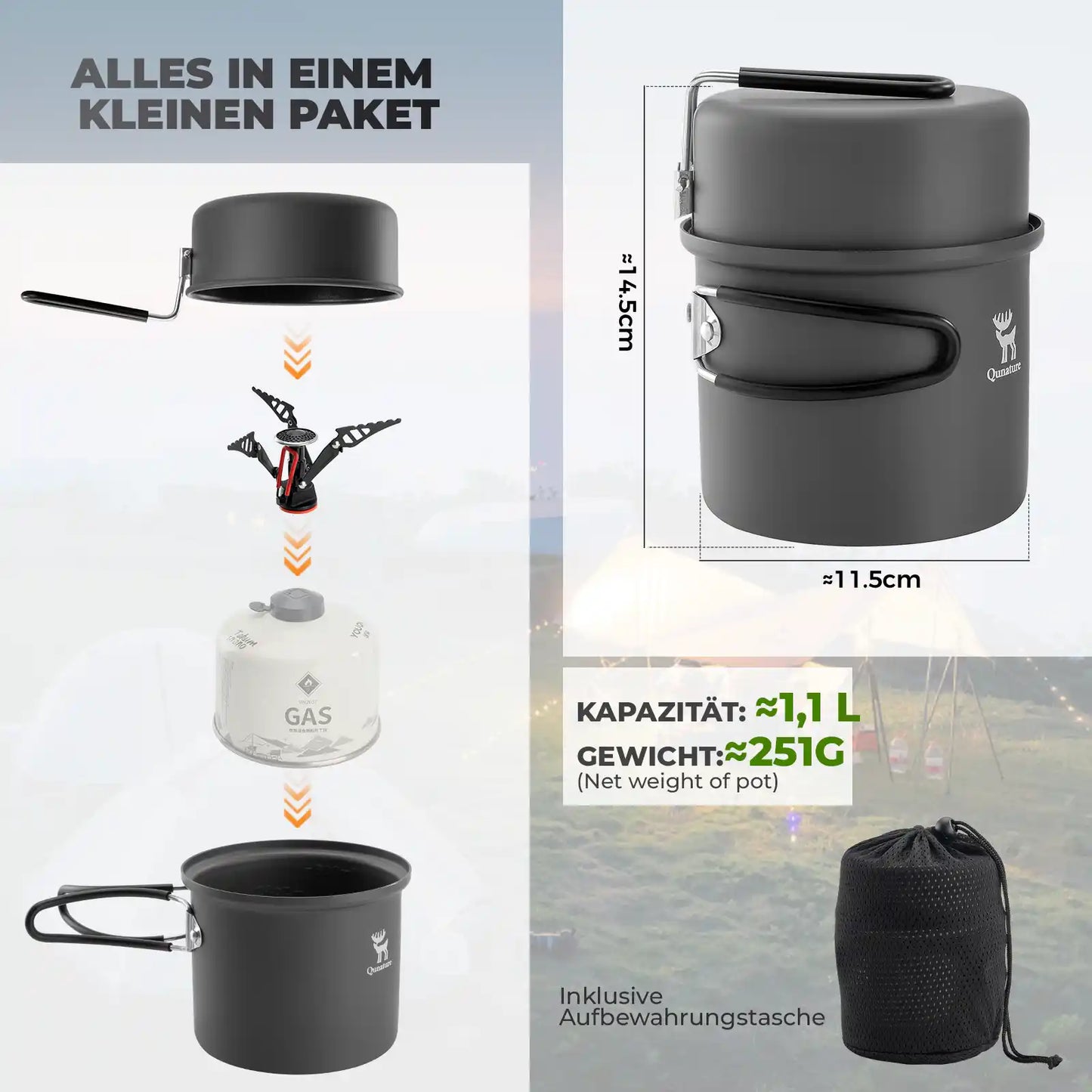 kompaktes kochendes-set fuer camping, das alles in einem paket bietet