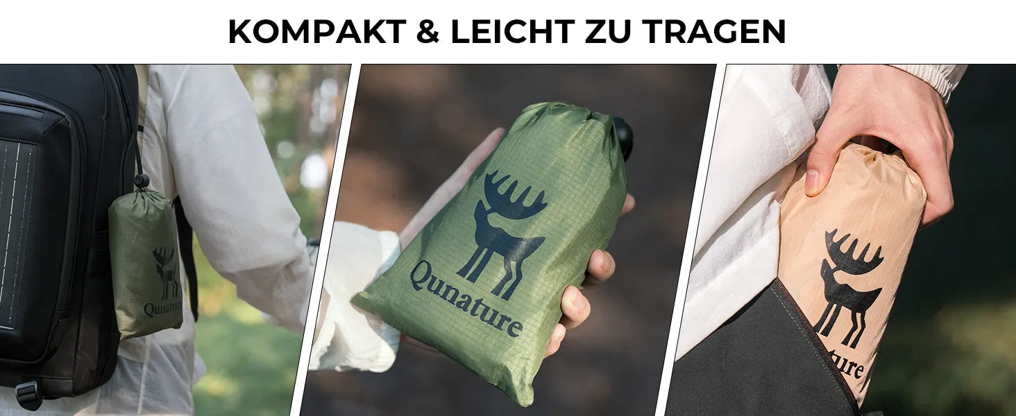 drei bilder zeigen die kompakte unterlage im rucksack, in der hand und in der tasche