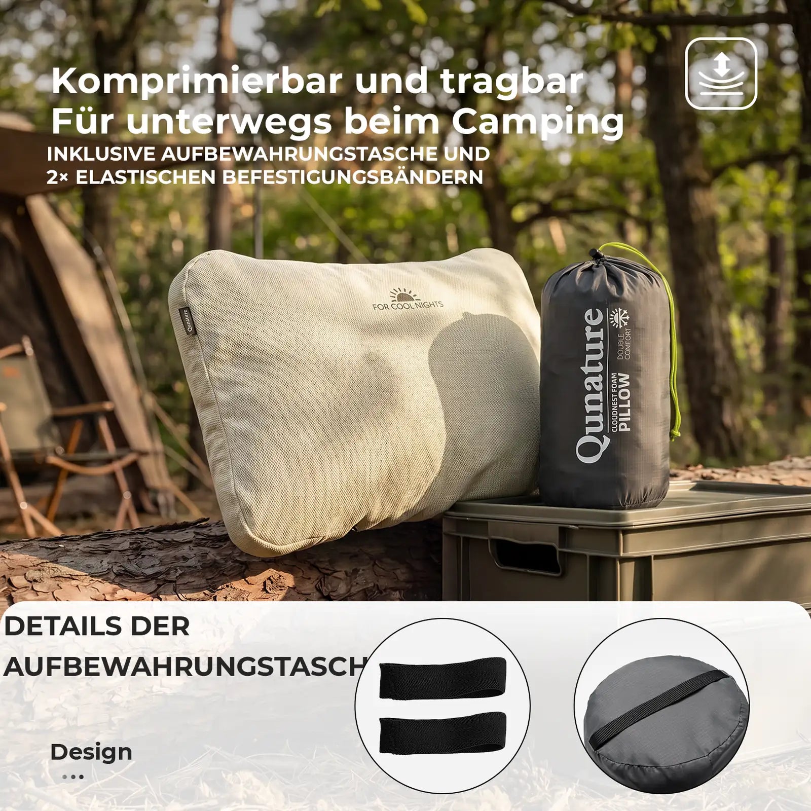 komprimierbares outdoor kissen zusammen mit aufbewahrungstasche und befestigungsbändern