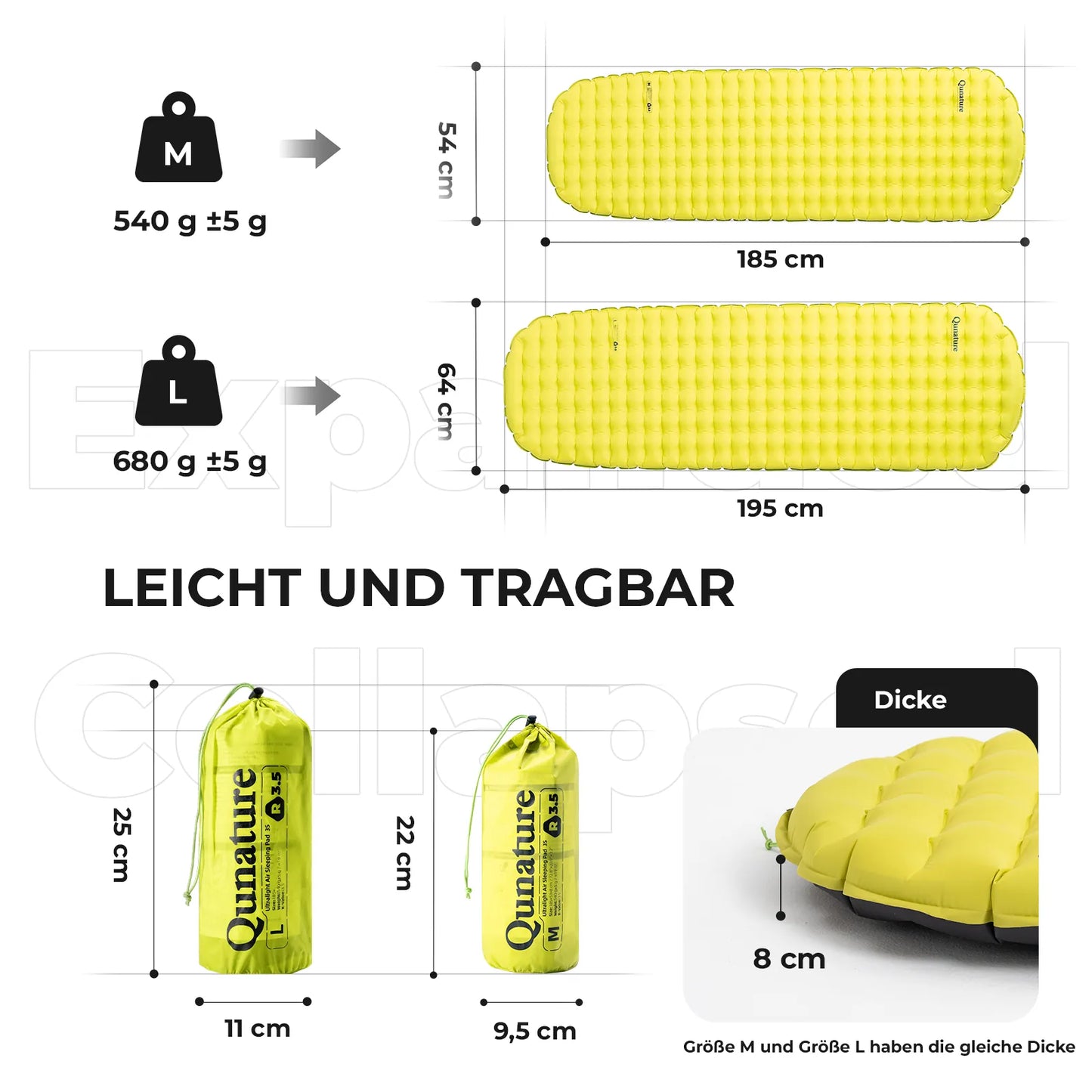 gewichts- und größenangaben der gelben luftmatratze