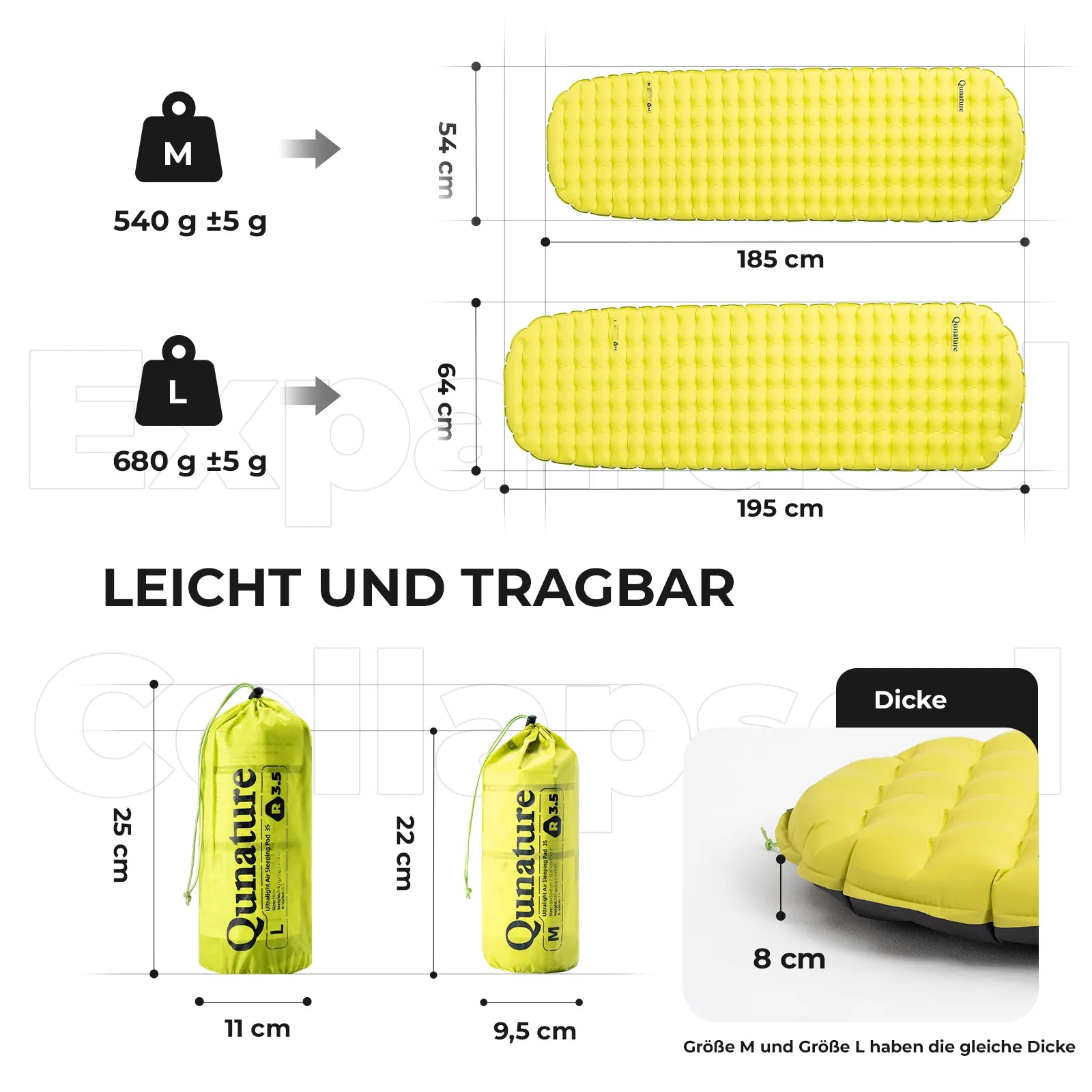 gewichts- und größenangaben der gelben luftmatratze