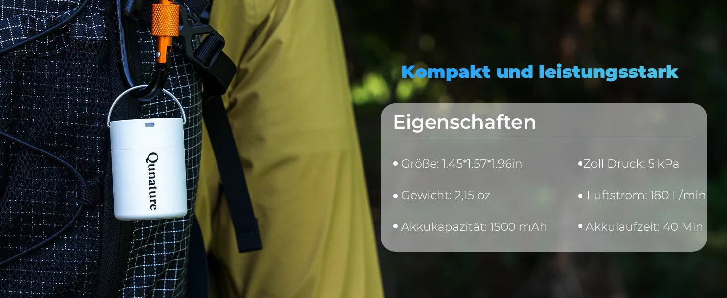 weiße mini luftpumpe an rucksack karabiner technische eigenschaften tabelle