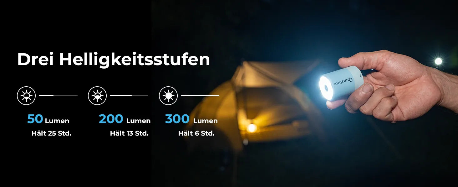 hand hält luftpumpe mit beleuchtung drei helligkeitsstufen zelt im hintergrund