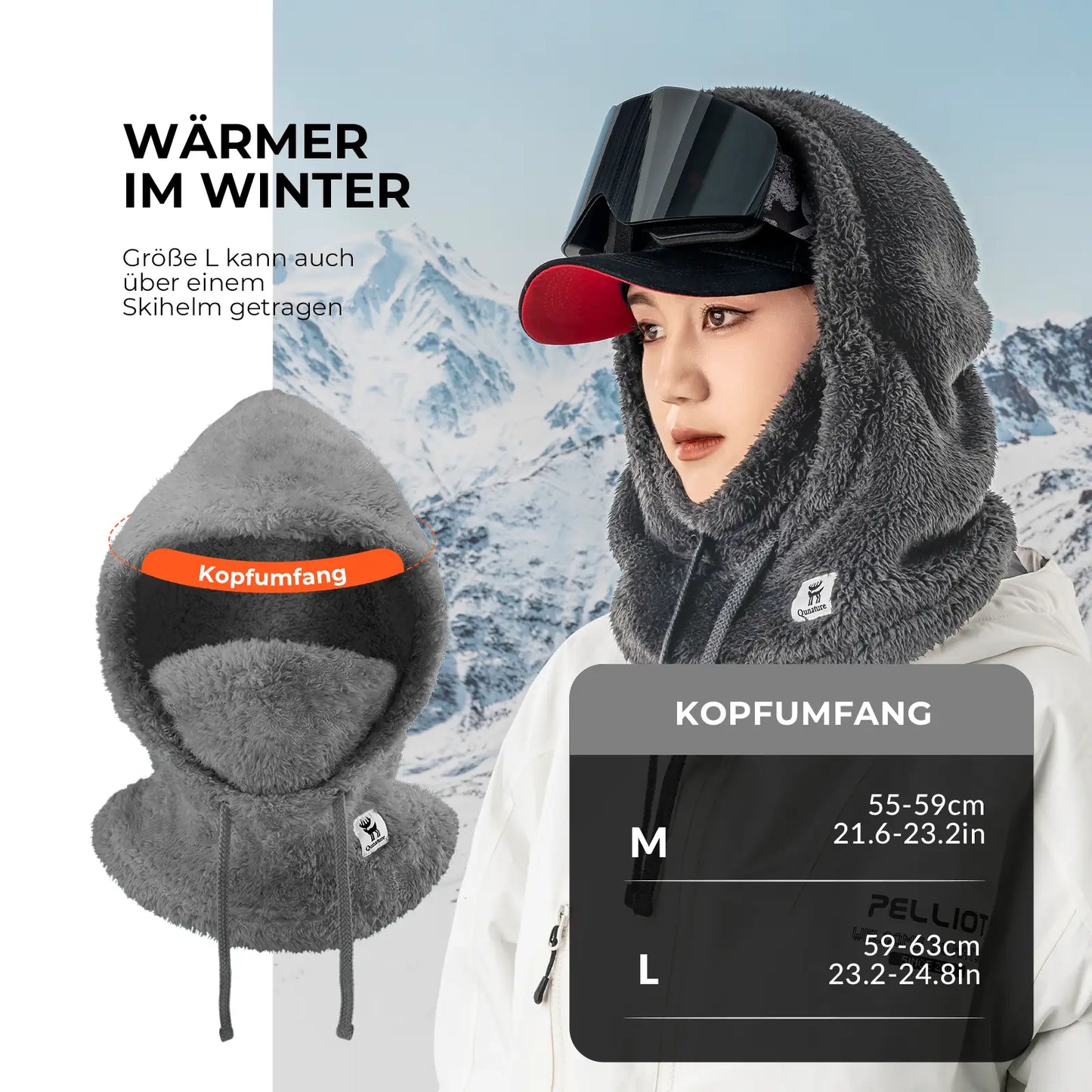 vorführung der dehnbarkeit des cyanfarbenen fleece-nackenwärmers mit den händen.
