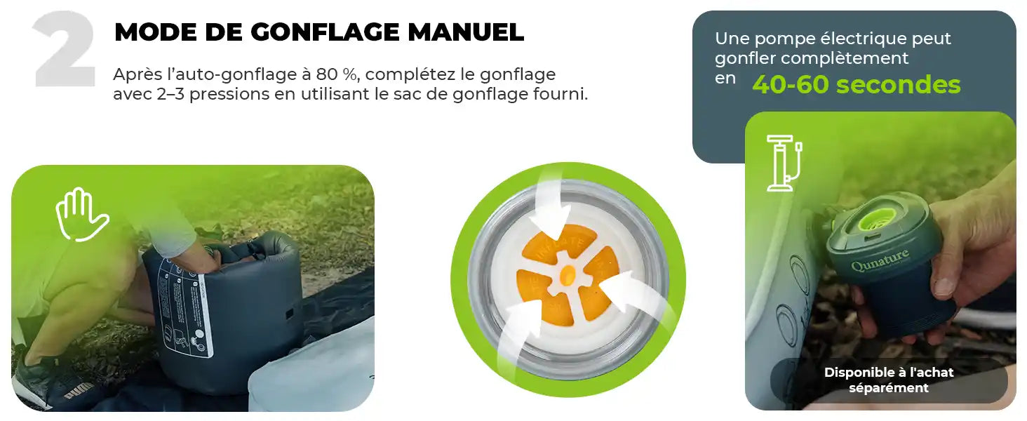 manuelle aufblasmethode mit dem mitgelieferten sack oder optionaler elektrischer pumpe