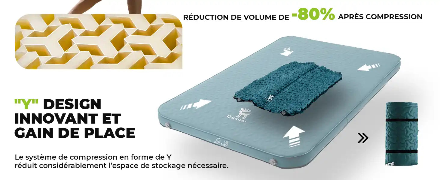 aufblasbare matratze mit innovativem y-design, komprimiert auf 20% des ursprungsvolumens