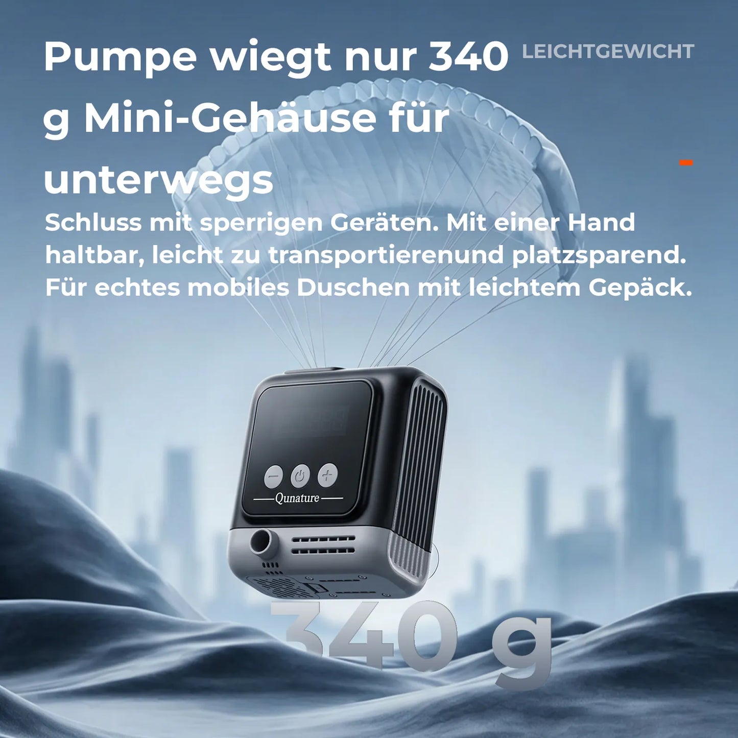 leichte mini wasserpumpe schwebend mit fallschirm-motiv zur gewichtsdarstellung