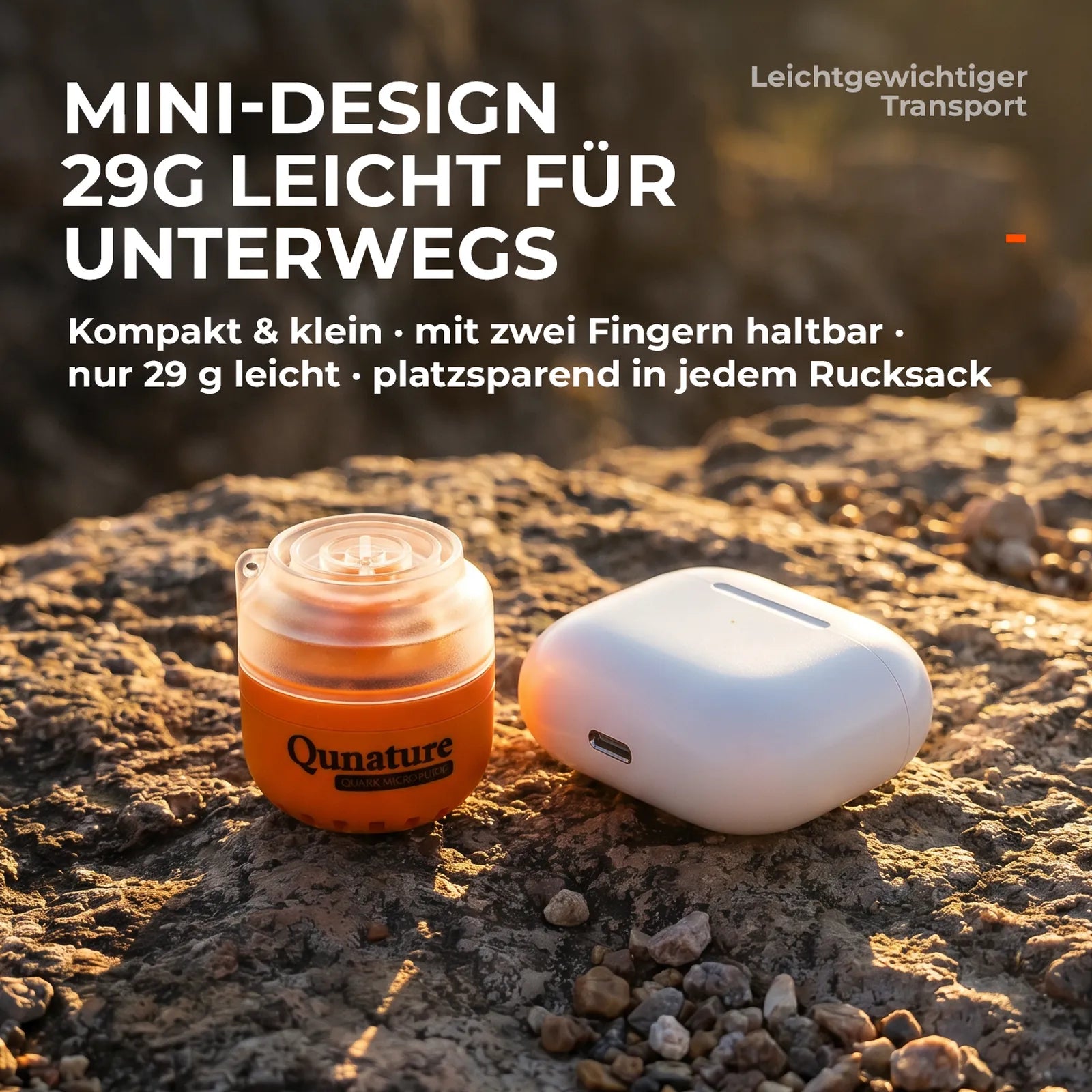 orange mini-luftpumpe neben einem airpods-case, zeigt das kompakte design und geringe gewicht