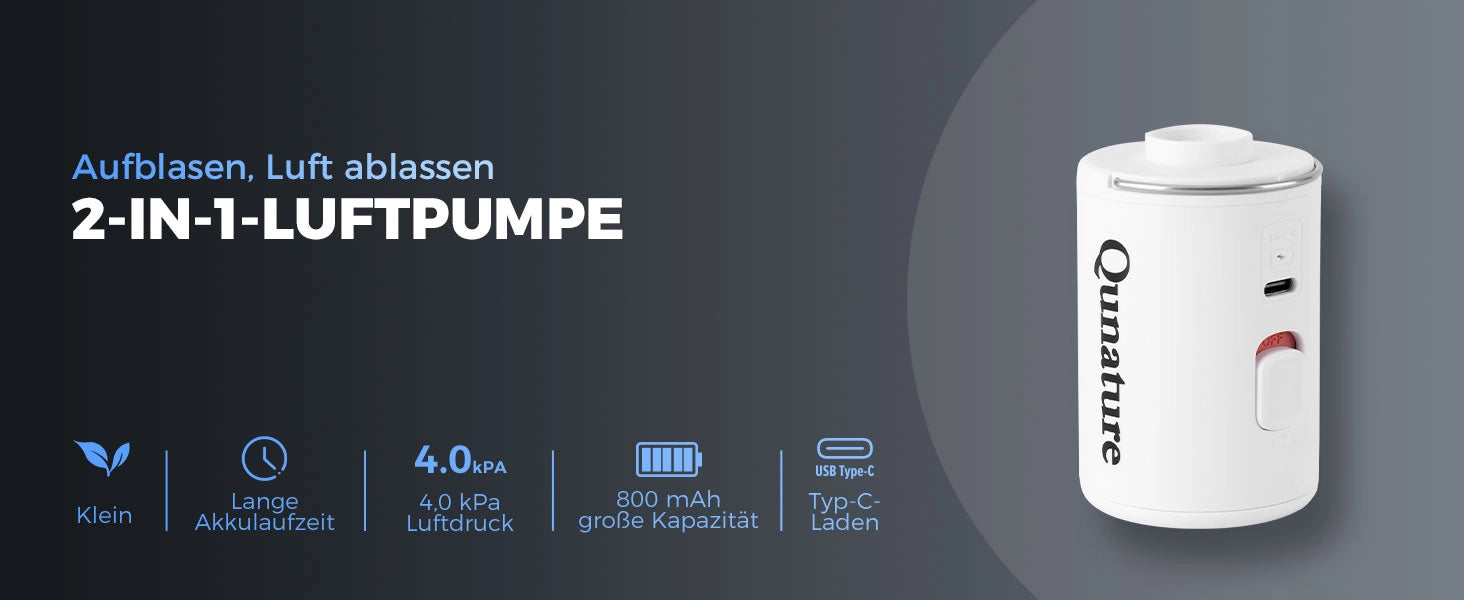 weisse 2-in-1 mini luftpumpe mit funktionsuebersicht, aufblasen und ablassen, 4,0 kpa, 800 mah