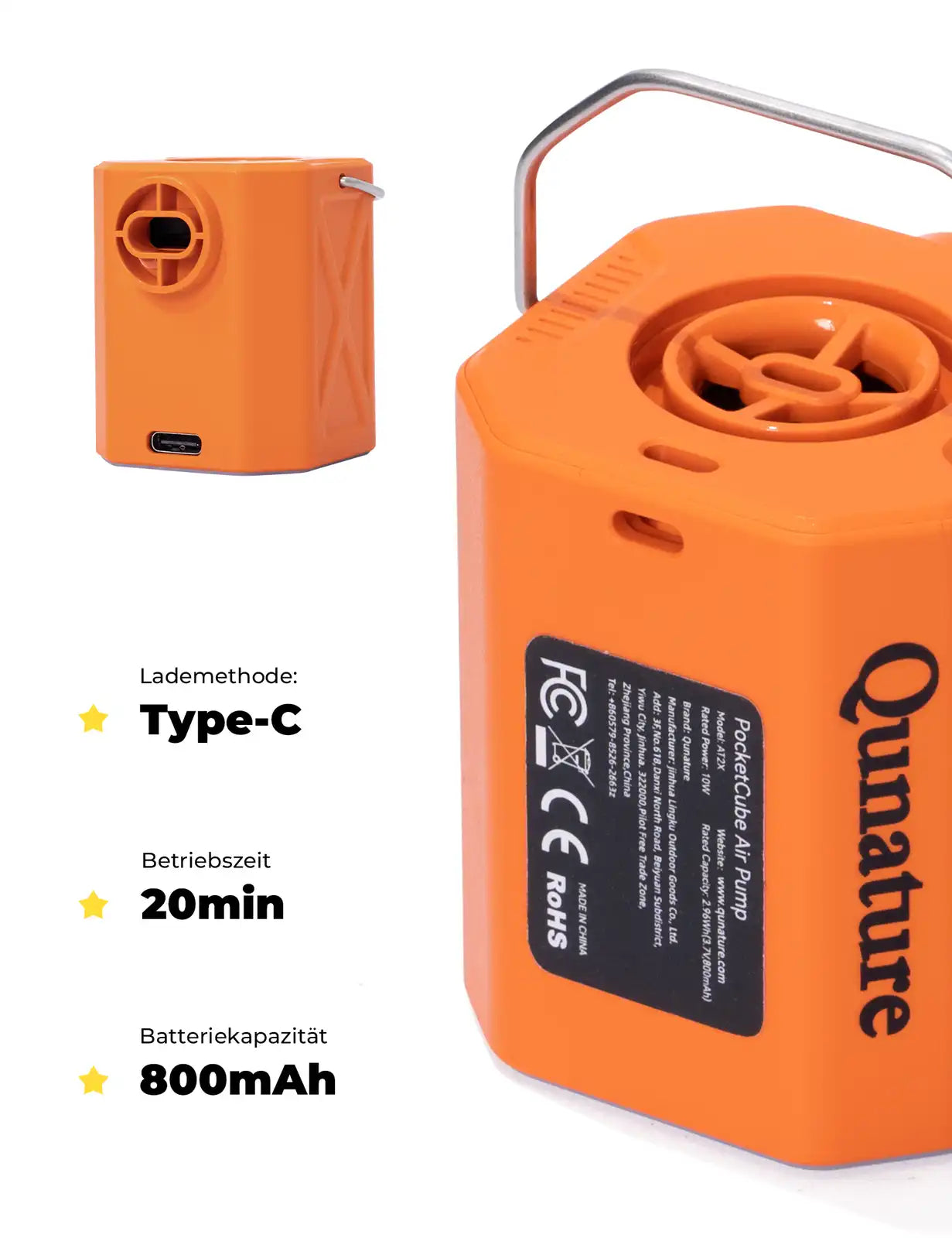 mini luftpumpe type c ladung 800mah batterie 20min betriebszeit