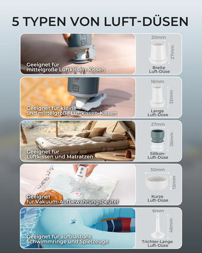 5 verschiedene luft-düsen für die mini-luftpumpe, passend für alle anwendungen