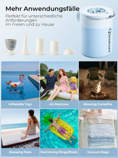 blaue mini-luftpumpe für camping und reisen