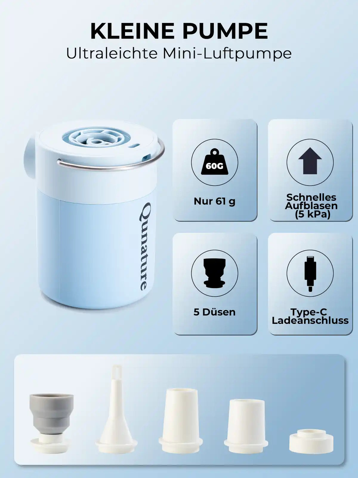  blaue mini-luftpumpe mit type-c ladeanschluss
