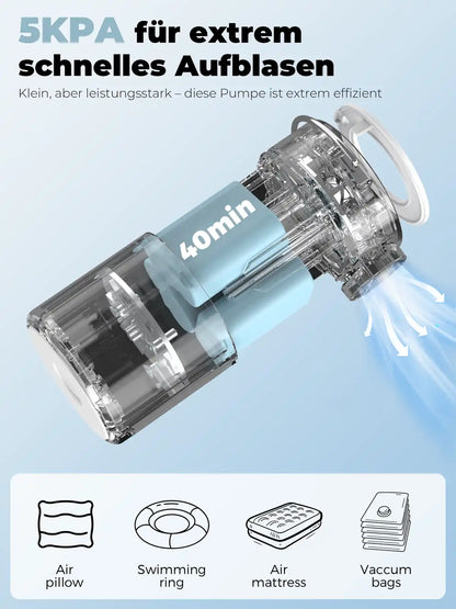 blaue mini-luftpumpe mit innener struktur und luftstrom