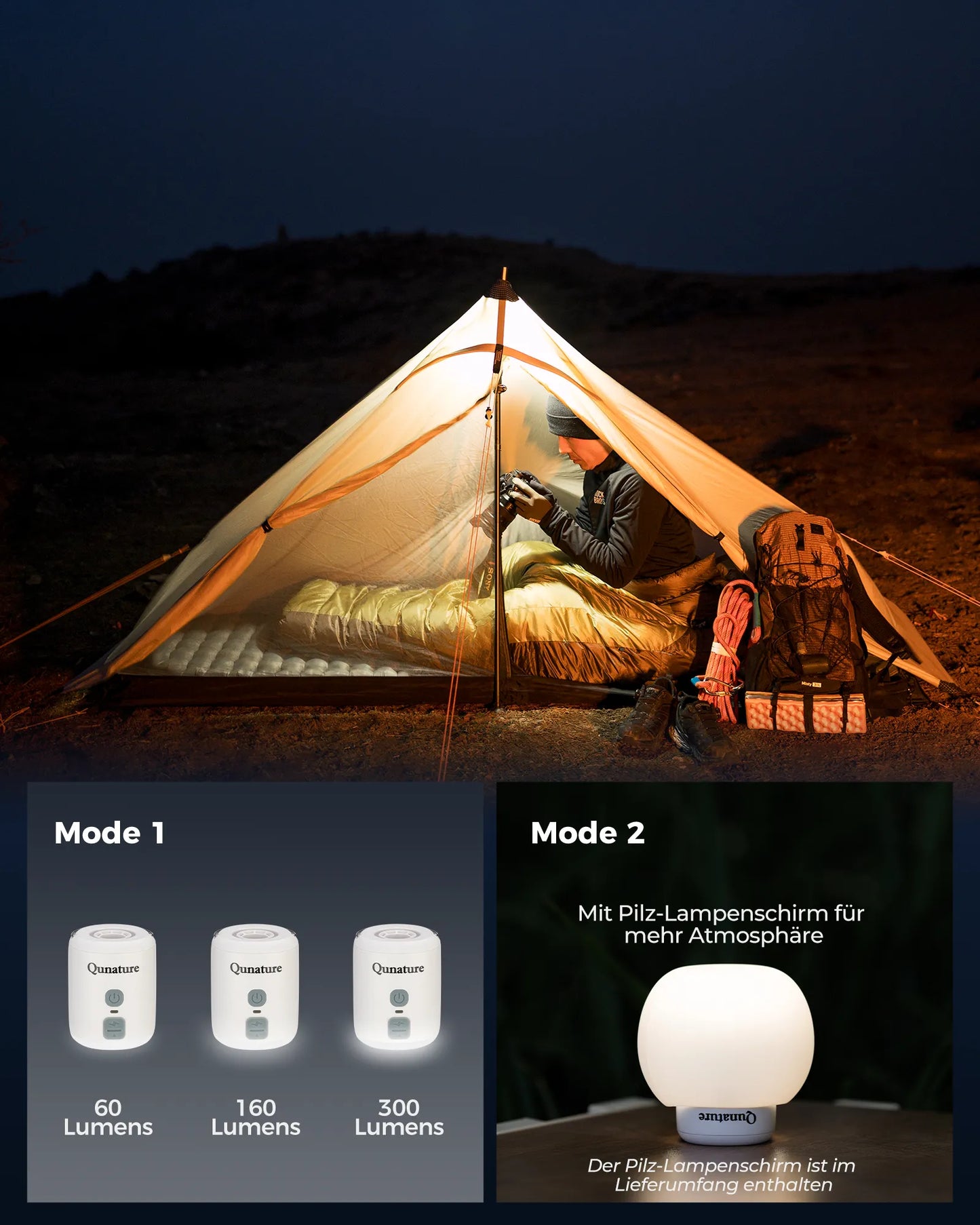 mini-luftpumpe als lampe im zelt mit 60/160/300 lumen einstellungen