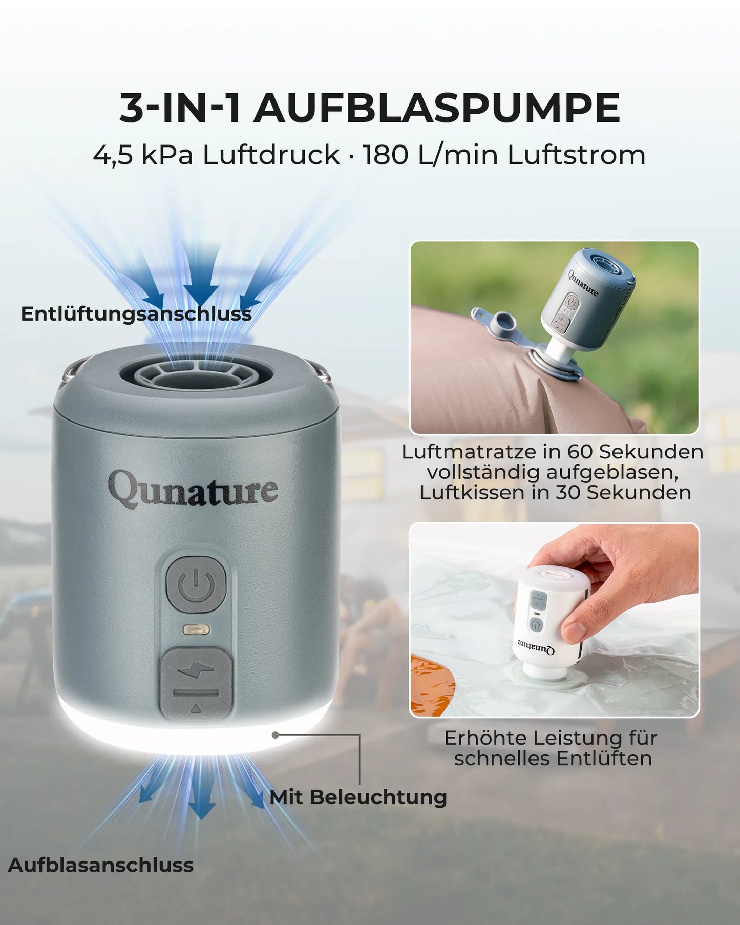 3-in-1-luftpumpe mit 4,5 kpa druck und 180 l/min luftstrom grau