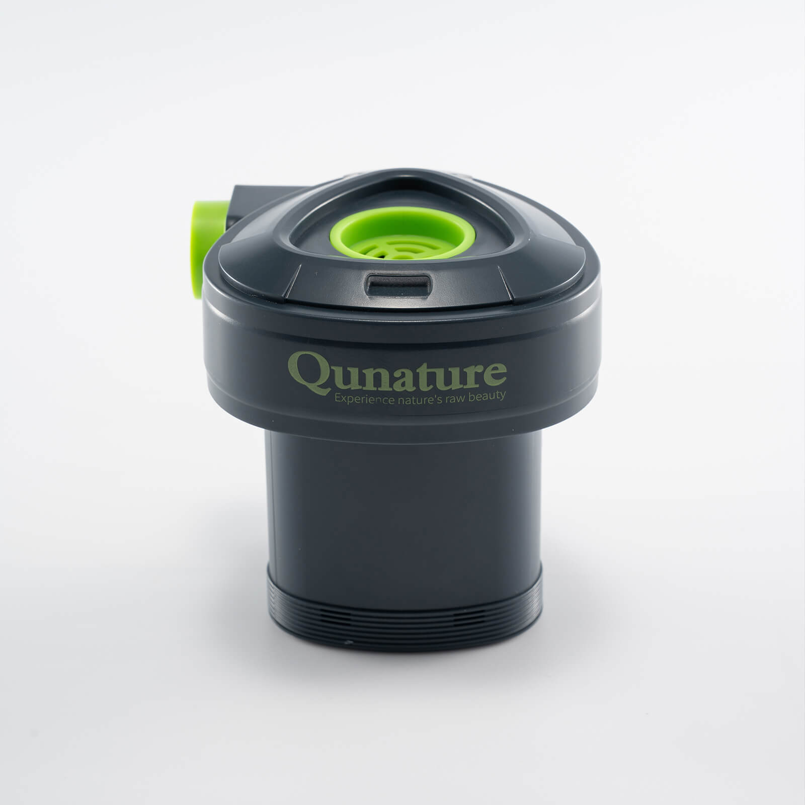 graue mini-luftpumpe mit grünem aufblasanschluss und qunature-logo