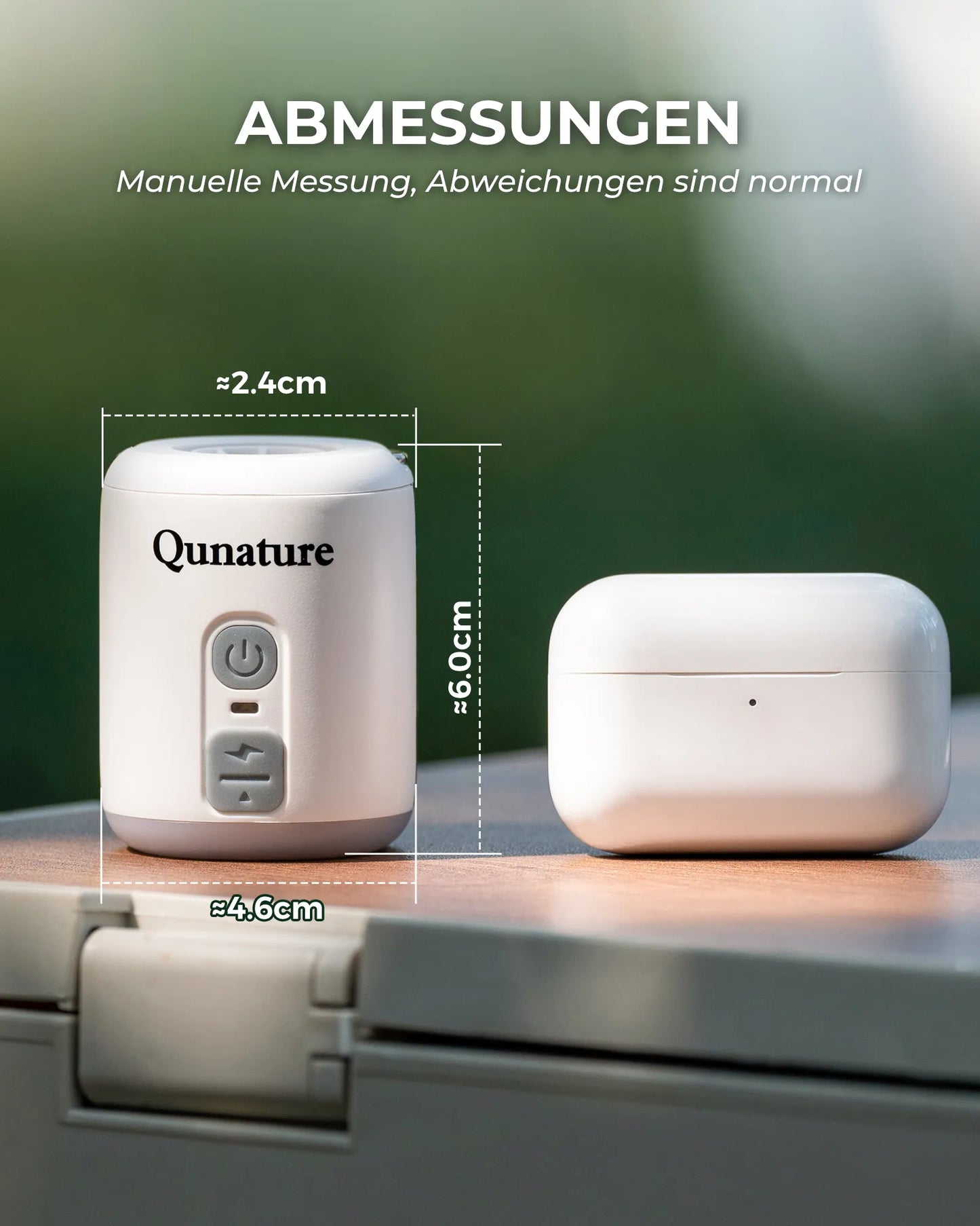 abmessungen der mini-luftpumpe im vergleich zu airpods case