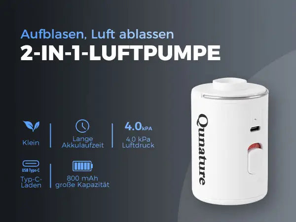 weisse 2-in-1 mini luftpumpe mit funktionsuebersicht, aufblasen und ablassen, 4,0 kpa, 800 mah