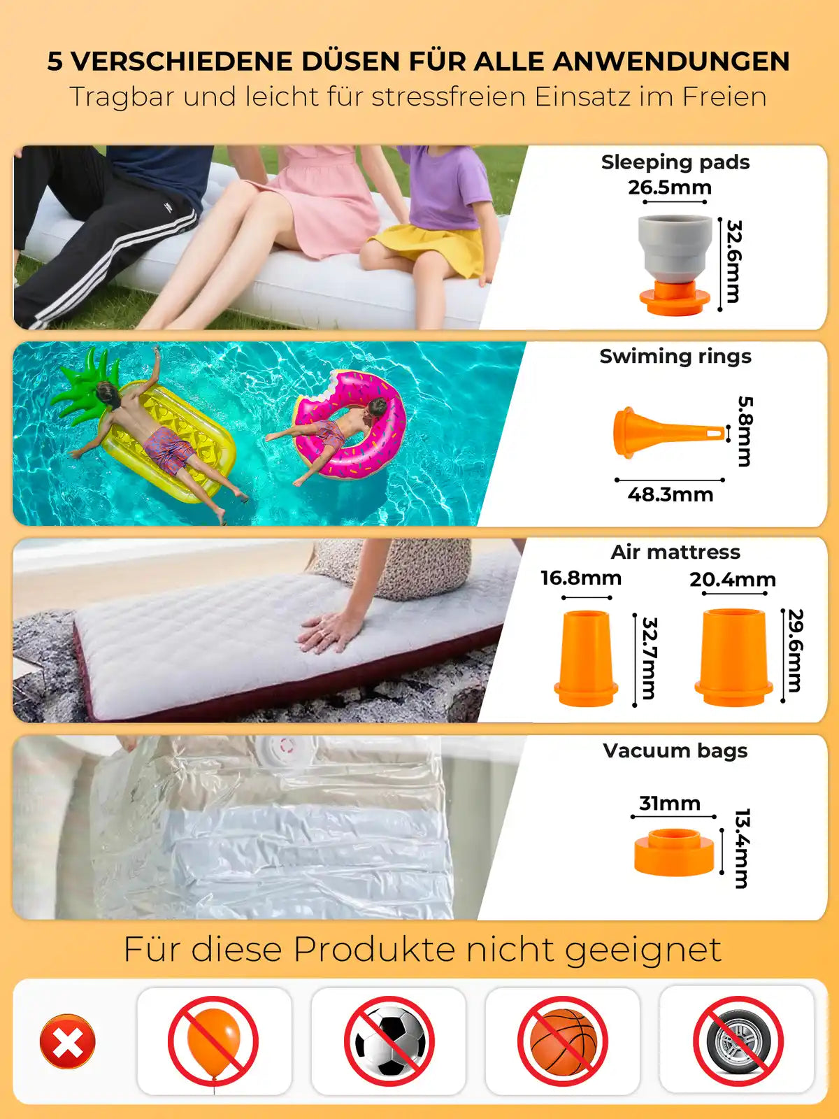 orange mini-luftpumpe mit 5 verschiedenen duesen