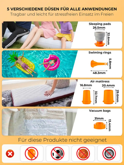 orange mini-luftpumpe mit 5 verschiedenen duesen