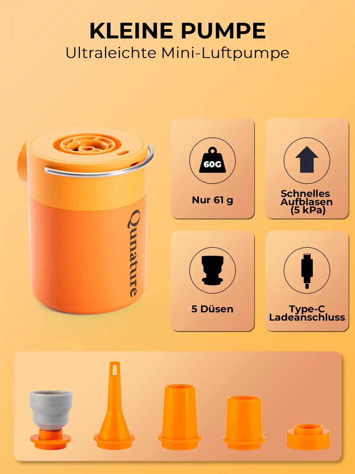 orange mini-luftpumpe mit technischen details