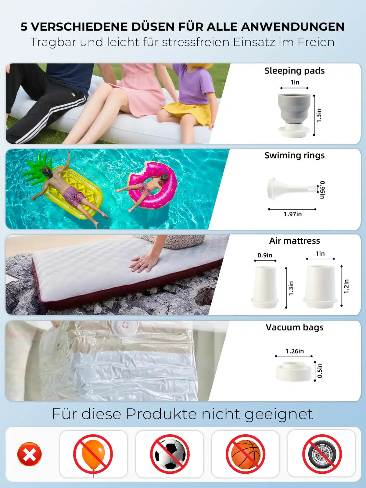 weisse mini-luftpumpe mit duesen und massangaben
