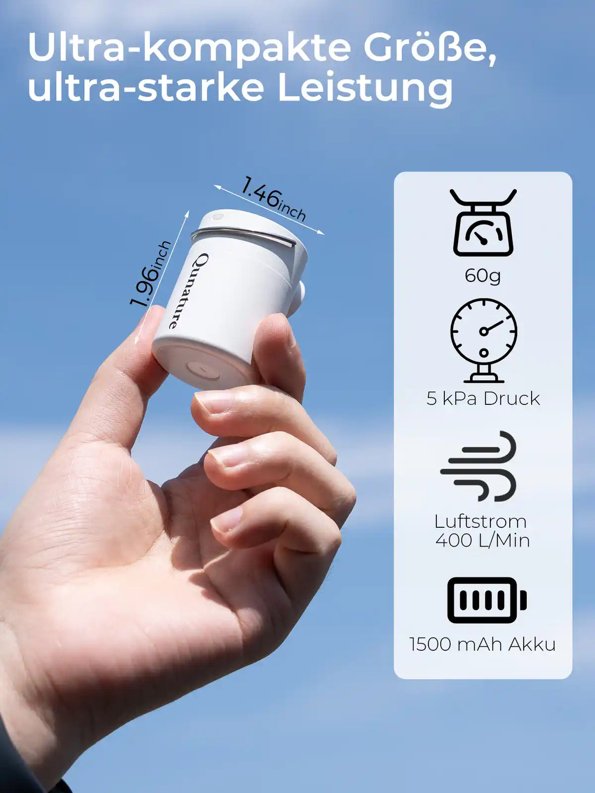 weisse mini-luftpumpe in hand mit daten
