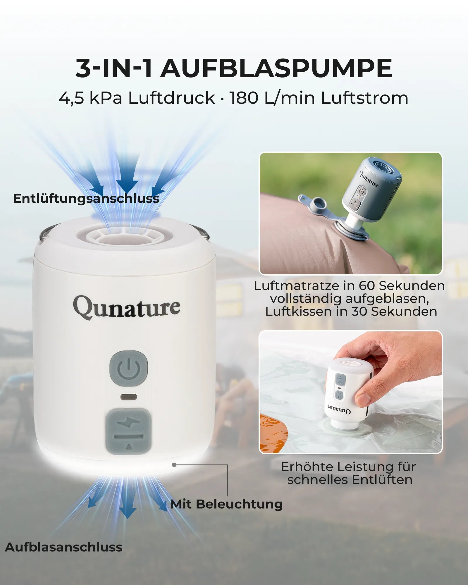 3-in-1-luftpumpe mit 4,5 kpa druck und 180 l/min luftstrom