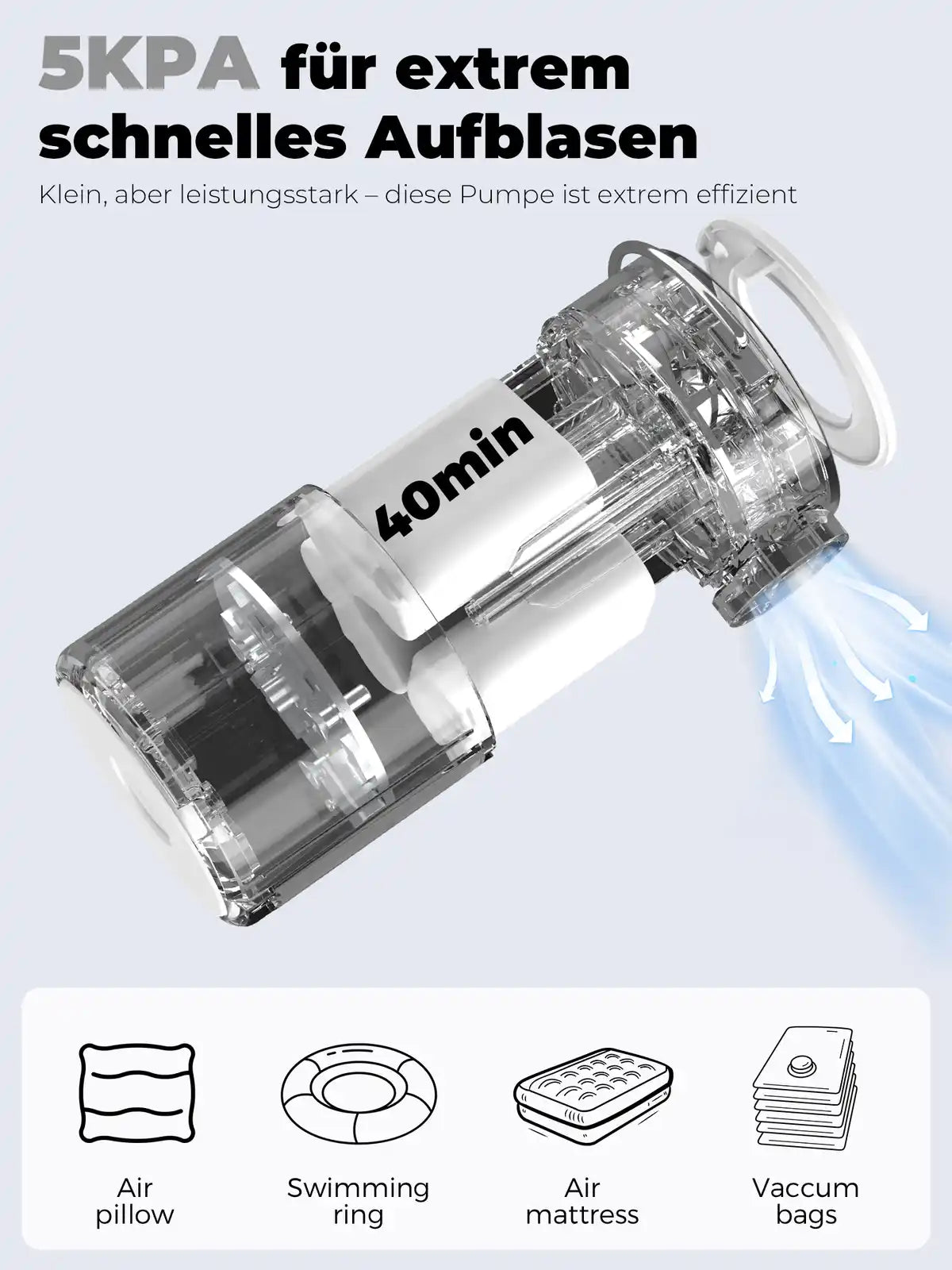 weisse mini-luftpumpe mit transparenter innener struktur