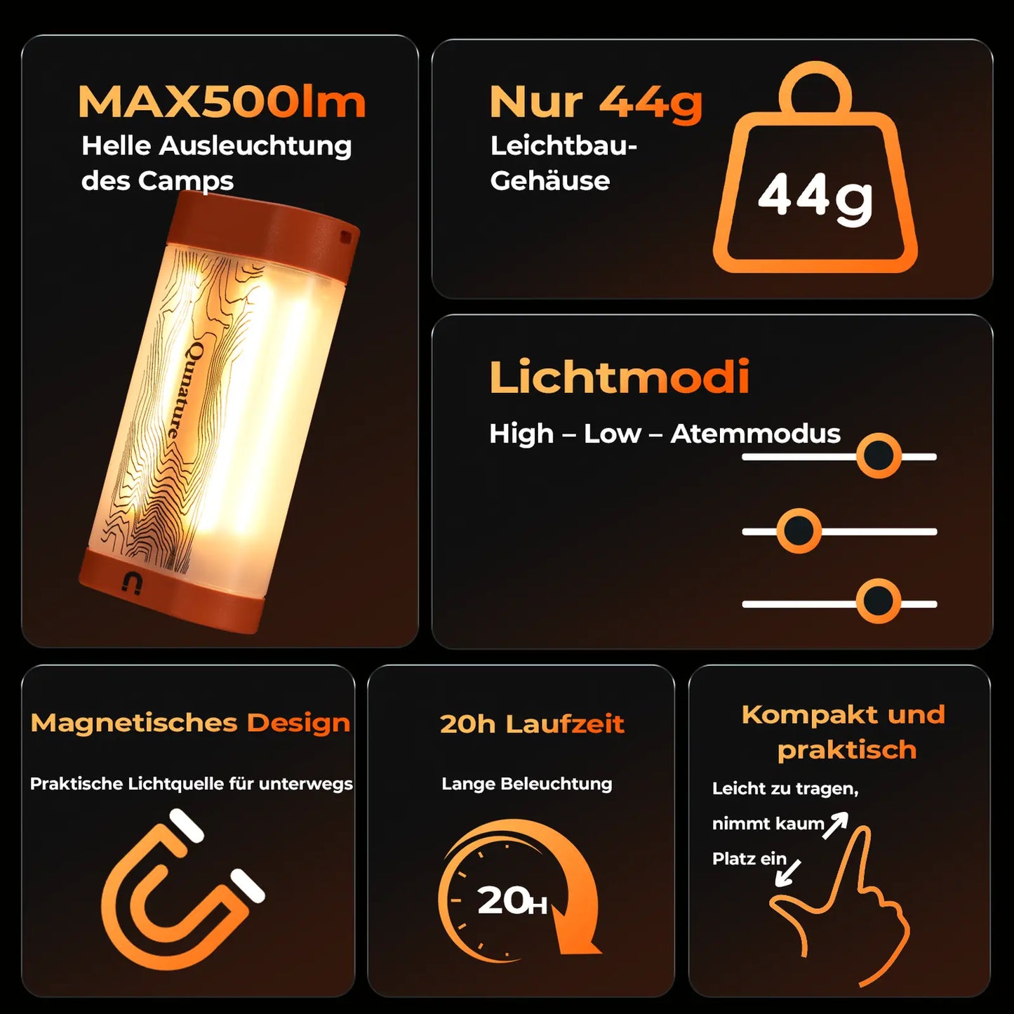 체bersicht der funktionen max 500lm 44g leicht magnet akku 20 stunden laufzeit