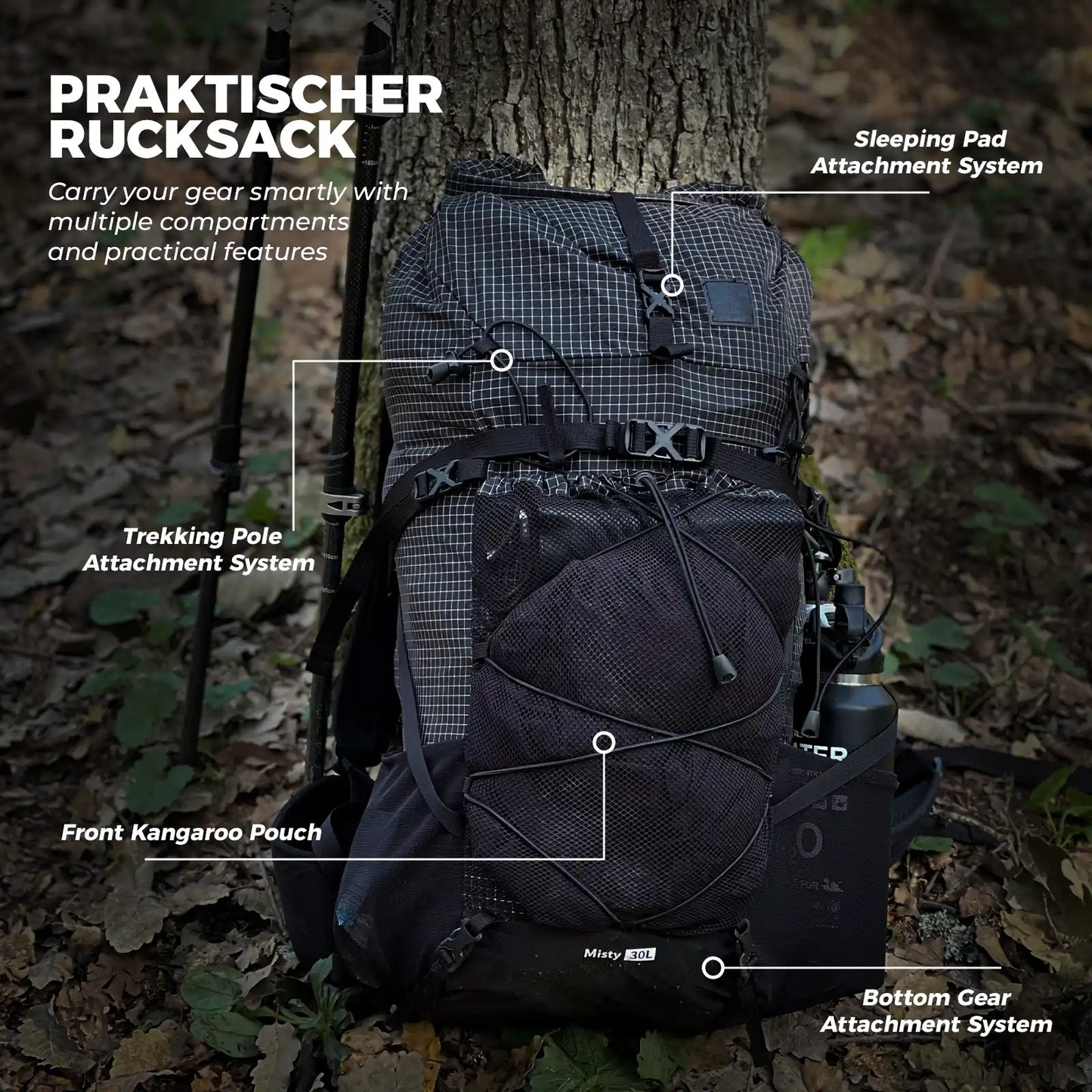 misty 30l backpack with trekking pole, sleeping pad and bottom gear attachment systems