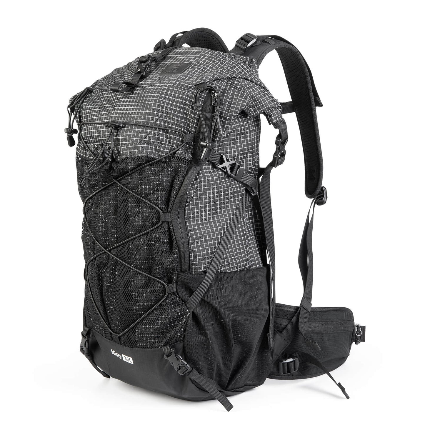 misty 30l hiking backpack in grey, side view with shoulder straps and hip belt