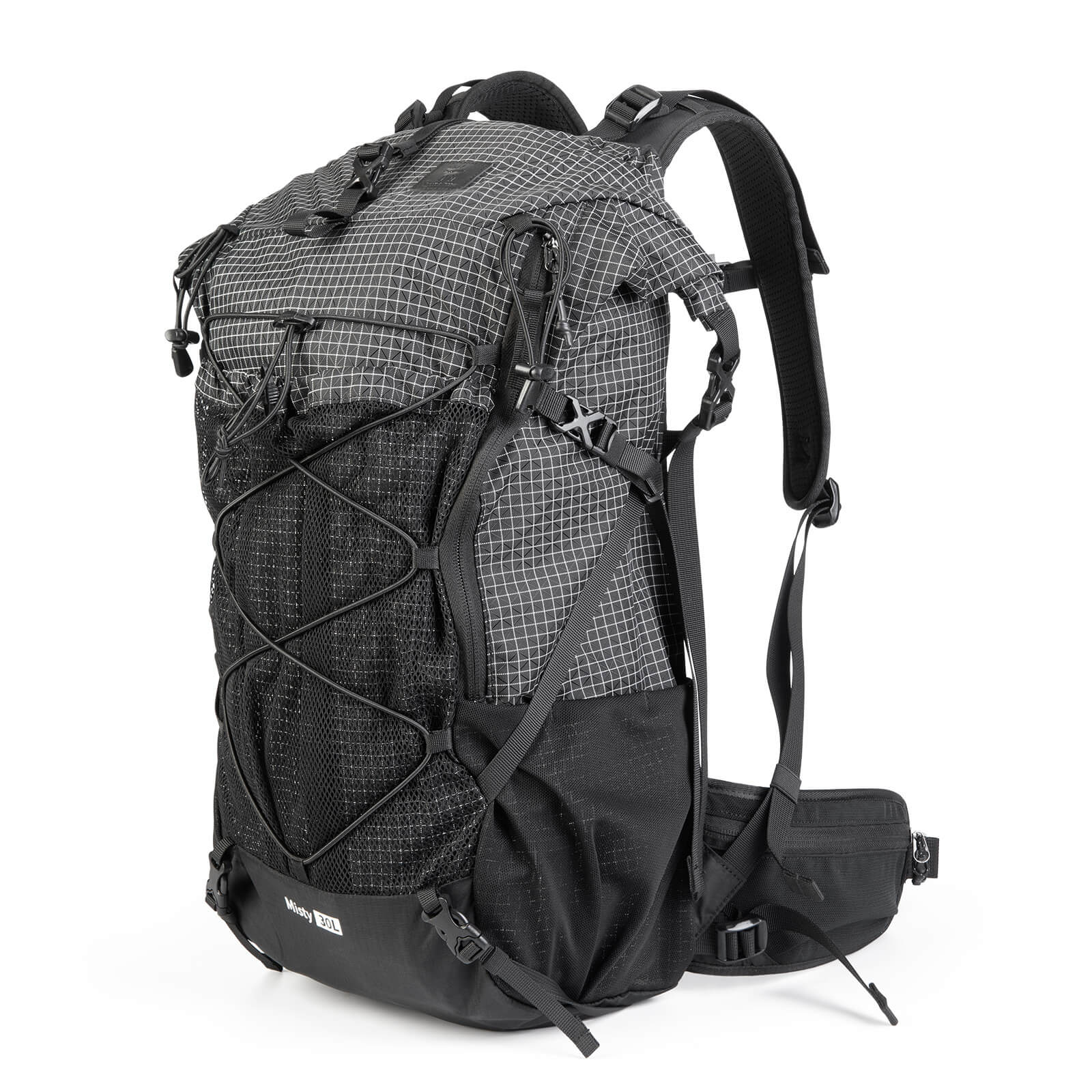 misty 30l hiking backpack in grey, side view with shoulder straps and hip belt