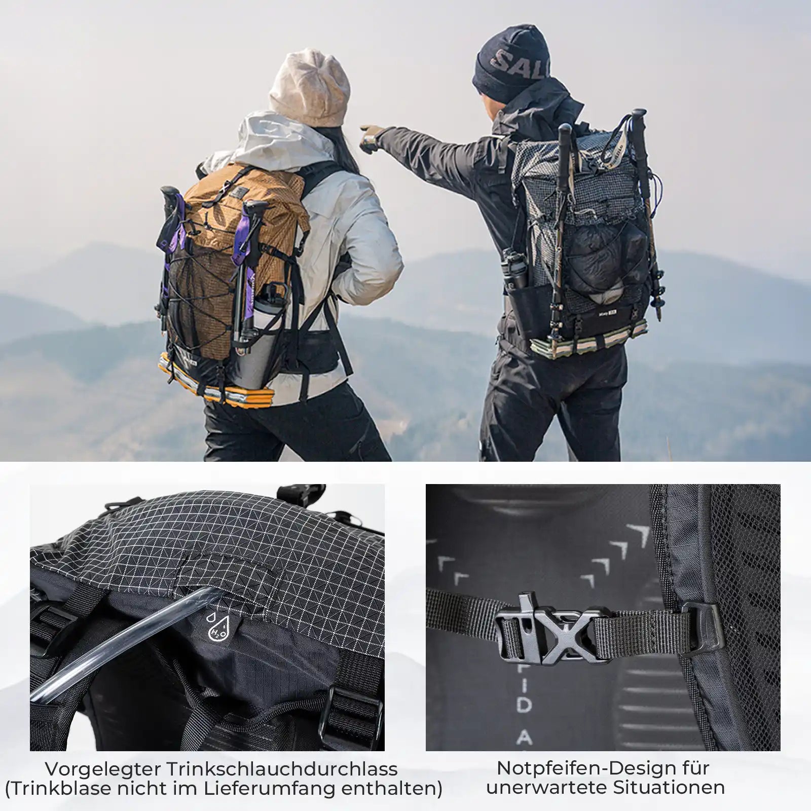 misty 30l hiking backpack with hydration tube opening and emergency whistle