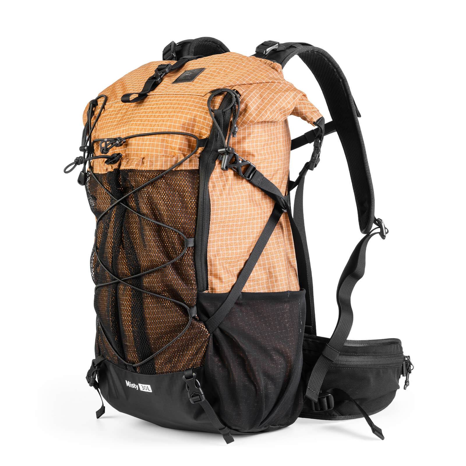misty 30l hiking backpack in orange, side view with shoulder straps and hip belt