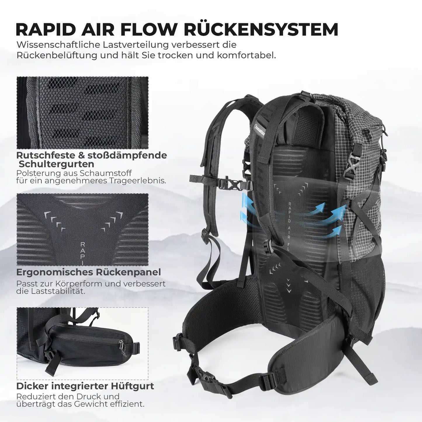 misty 30l backpack with rapid air flow back system, ergonomic back panel and hip belt