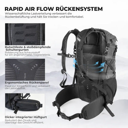 misty 30l backpack with rapid air flow back system, ergonomic back panel and hip belt